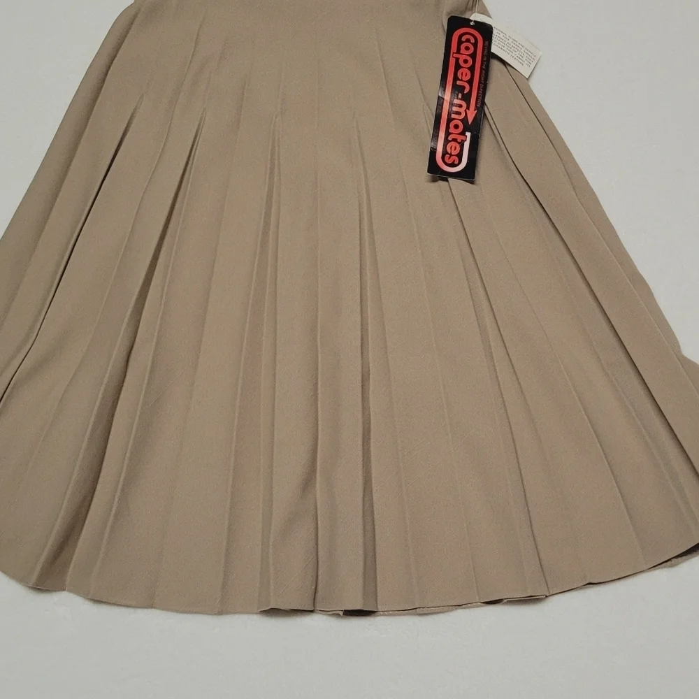 Deadstock Vintage 70s Caper-mates Stretchy Khaki Top-stitch Pleat Midi Skirt 12